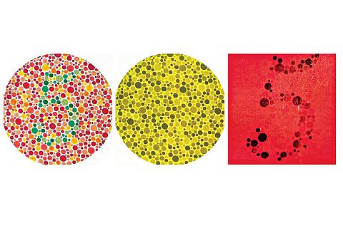 Vliv barevných filtrů na pseudoizochromatické tabulky. Vlevo: původní tabule, uprostřed: obraz vnímaný osobou s poruchou barvocitu, vpravo: optotyp při pohledu přes červený filtr.